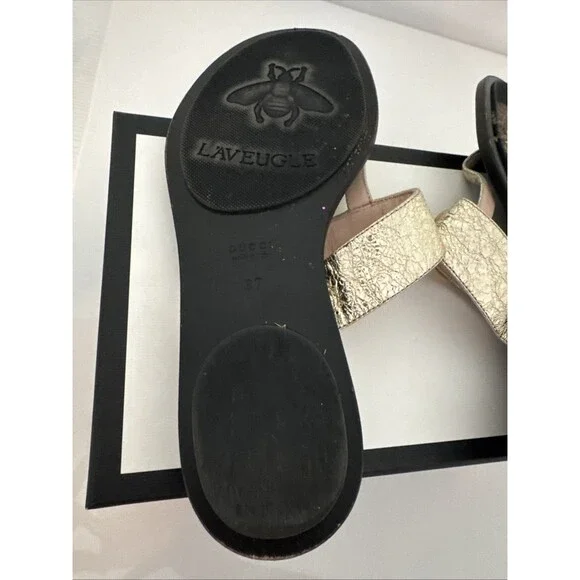Gucci GG Gold Marmont Leather Thong Sandals Flat Shoes Authentic EU 37 US 7